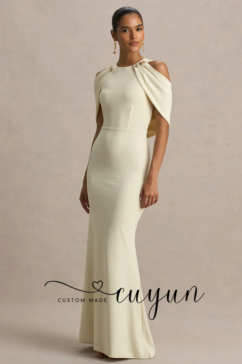 CUYUN Abito da sera formale personalizzato O-Collo Maniche a mantella Abito da festa lungo fino al pavimento Abito da sera elegante stile scialle da donna