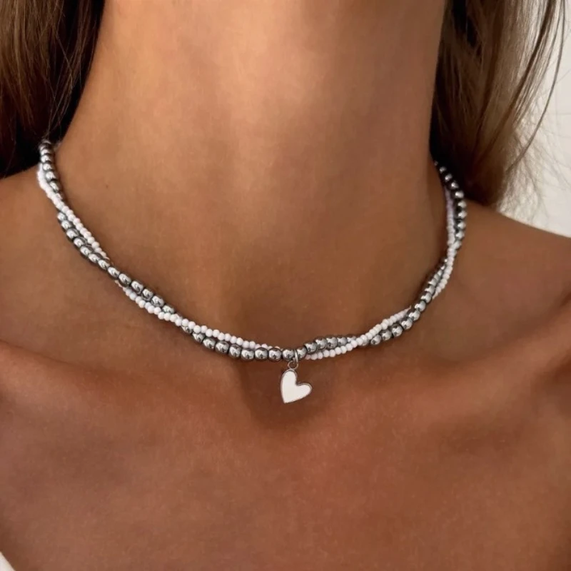 2 Pieces/set of New Personalized Creative Bead Love Pendant Necklaces, Women's Y2k Holiday Party Accessories Jewelry