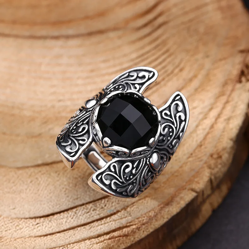 sterling silver ring tang grass pattern black zircon ring ring opening thai silver retro trendyy personalized jewelry