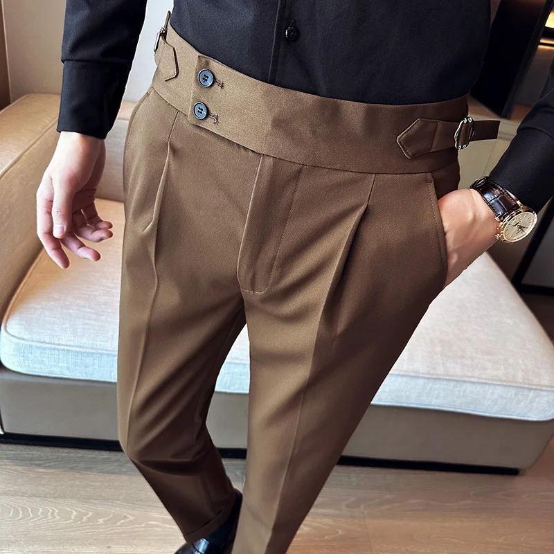 

High Waist Trendy Autumn Solid Color Draped Slim Fit Suit Pants Men's British Style Wrinkle-free Casual Trousers