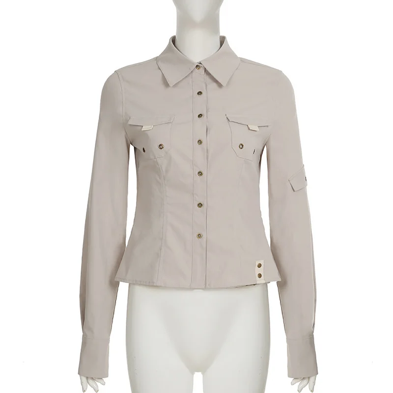 

BKLD Fashion Sexy Slim Workwear Shirt Khaki Turn-down Collar Full Sleeve Pockets Patchwork Button Up Cargo Blouse Vintage Casual