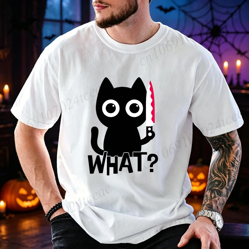 Funny Trick or Treat Graphic T Shirt Men Halloween Black Cat What Funny Knife Blood Print Tees Casual Summer Streetwear Tops