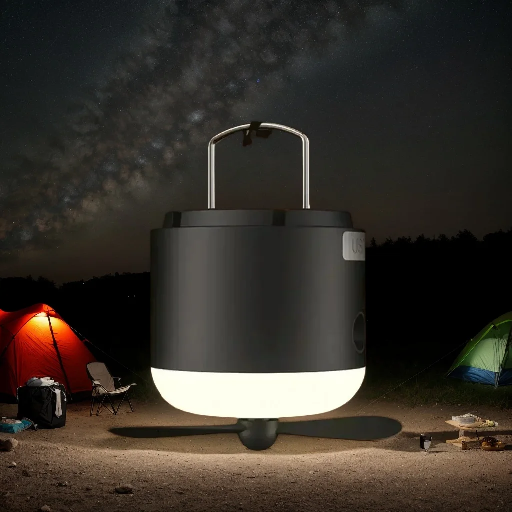 

2-in-1 Camping Tent Light with Fan – 4 Lighting Modes, Spray Function, IPX7 Waterproof, Rechargeable LED Lantern