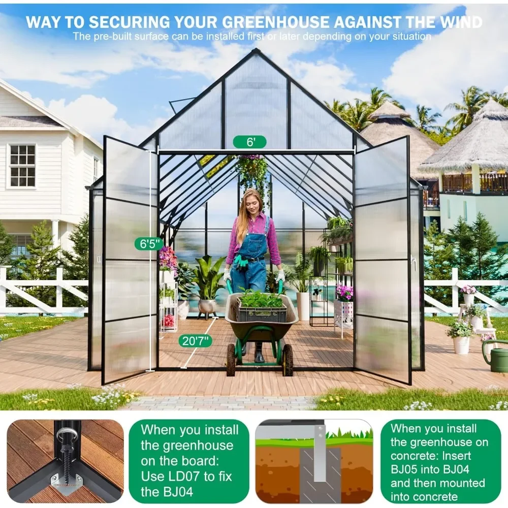 20x10x10 FT Greenhouse, Thicker Aluminum Heavy Duty Polycarbonate Greenhouse Kit W/4 Vent Window, Walk-in Green House