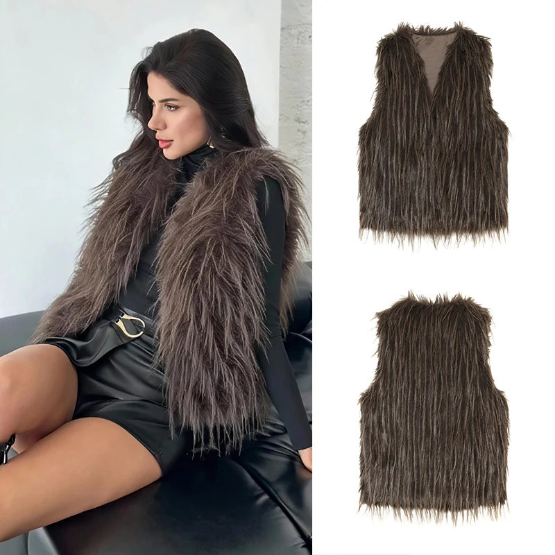 Guobioziy Women's Fur Vest Jacket 2026 Fall/Winter New Model Brown Design French Casual Fashion Trend Perfect Choice for Daily