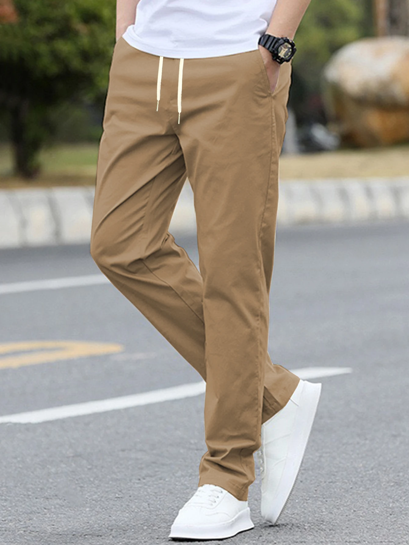 

Мужские однотонные брюки с завязками на талии, повседневные модные брюки стандартного кроя, брюки с завязками, брюки с карманами
