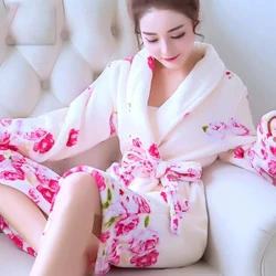 Women Winter Warm Flannel Kimono Robe Sleepwear Female Print Floral Nightdress Dressing Gown Lounge Wear Hotel Bathrobe