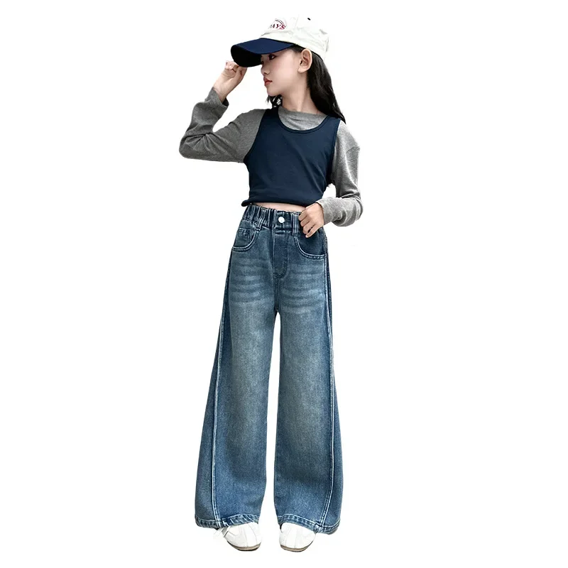 New Teens Girl Dark Blue Jeans Foldable Wide Leg Pants Kids Child Spring Autumn High Waist Denim Trousers 4 7 8 9 10 12 14 Year