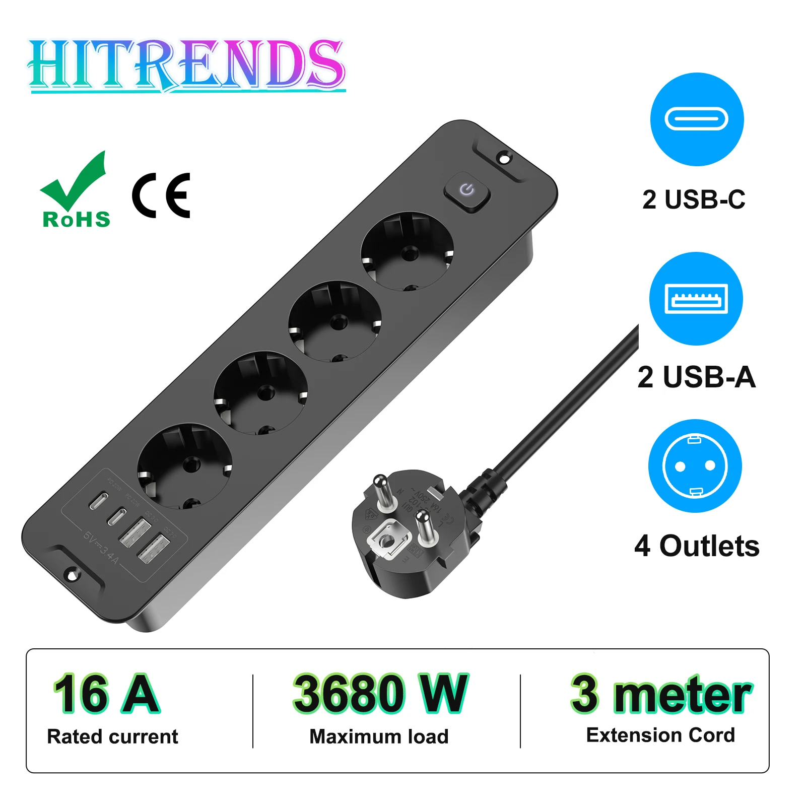 hitrends内蔵コンセント、4acコンセント、2usb、2タイプc-pd20w、3m延長コード、スイッチ付きマルチコンセント（作業台用）