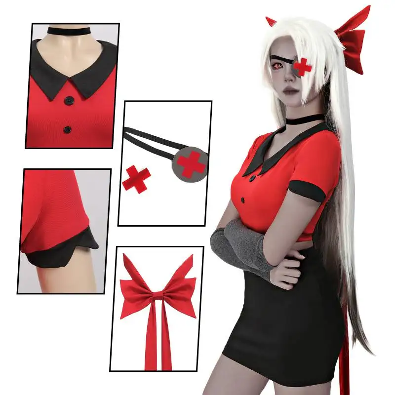 DAZCOS Vaggie 코스프레 의상 애니메이션 유니폼 Hazbin Suit 레드 코스프레 의상 여성용 할로윈을위한 전체 세트 유니폼 복장