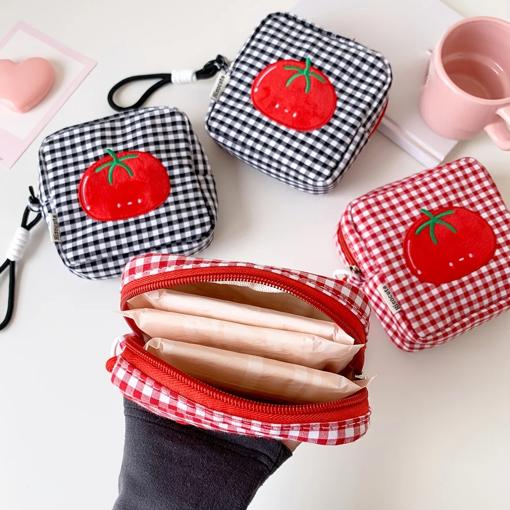 Cartoon Tomato Square Coin Purse, Makeup Bag, Portable Data Cable Storage Bag, Plaid Coin Purse, Tomato Square Makeup Bag, Handheld Zipper Instant Camera Bag, Lipstick Sanitary Napkin Miscellaneous Storage Pouch
