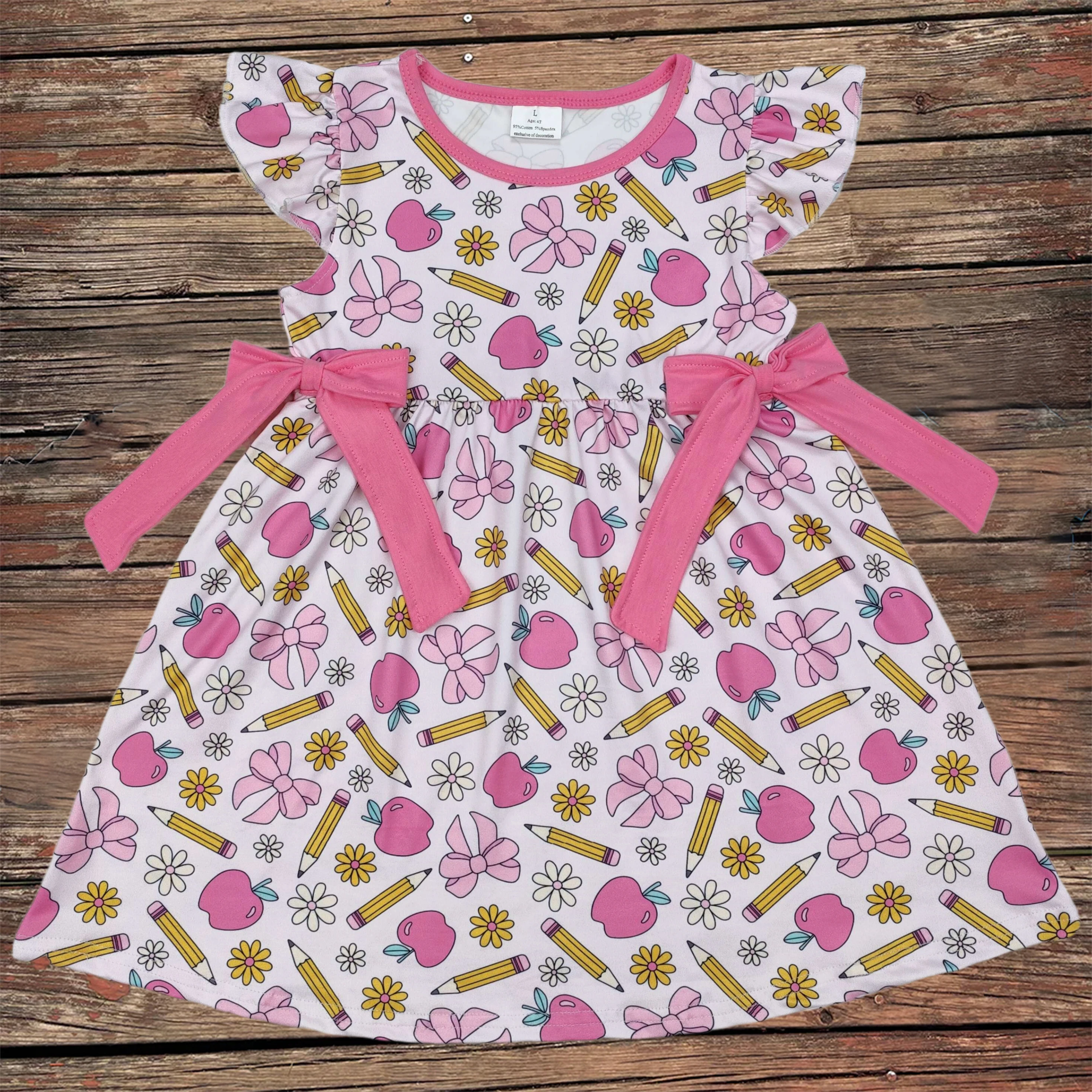 

Wholesale Baby Girl Back To School Summer Short Sleeves Pencil Apple Bows Kids Children Toddler Infant Knee Length Dresses
