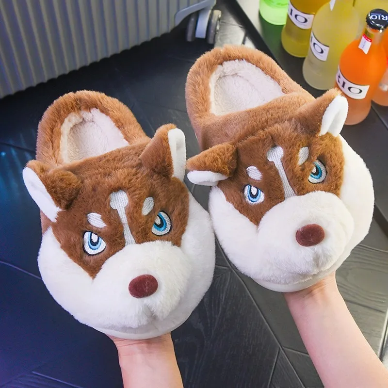 Women Indoor Cotton Slippers Cute Cartoon Dog Winter Warm Shoes Couples Home Floor Slides Anti-slip Female Male House Footwear