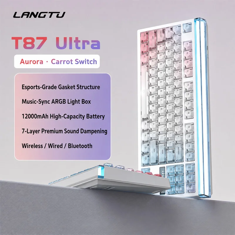 LANGTU T87 TKL Mechanical Keyboard Tri‑Mode 2.4G Bluetooth Type‑C Hot‑Swap Gasket 3D Light Box RGB 12000mAh Gaming Keyboard