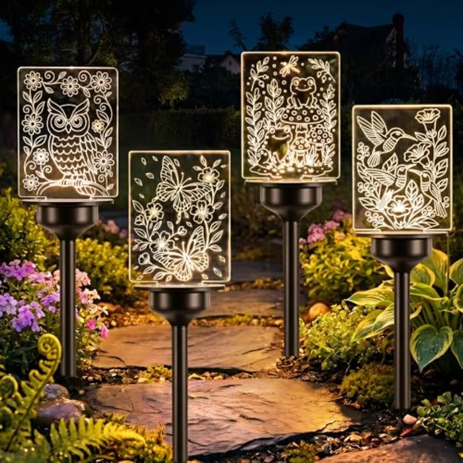 

Solar Garden Lights, 4 Pack Solar Pathway Lights with Butterfly Frog Hummingbird Owl Pattern, Outdoor Landscape Lighting, Water