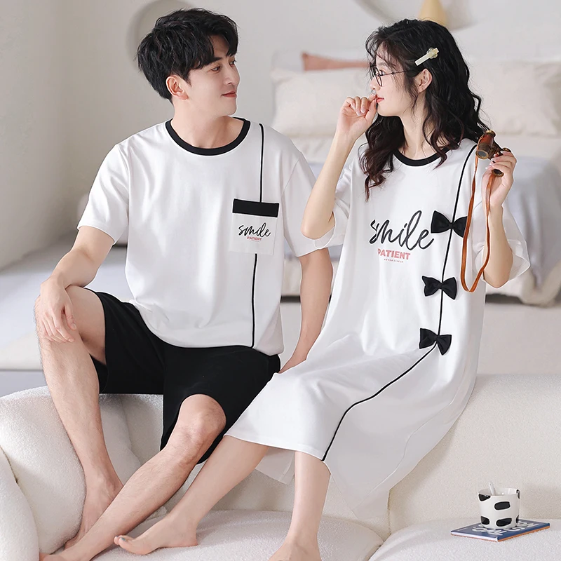 New Couple Pajamas Set Summer Short Sleeve Sleepwear 100% Cotton Men Women Fashion Pijamas Suit Hot sell Women Nightgown