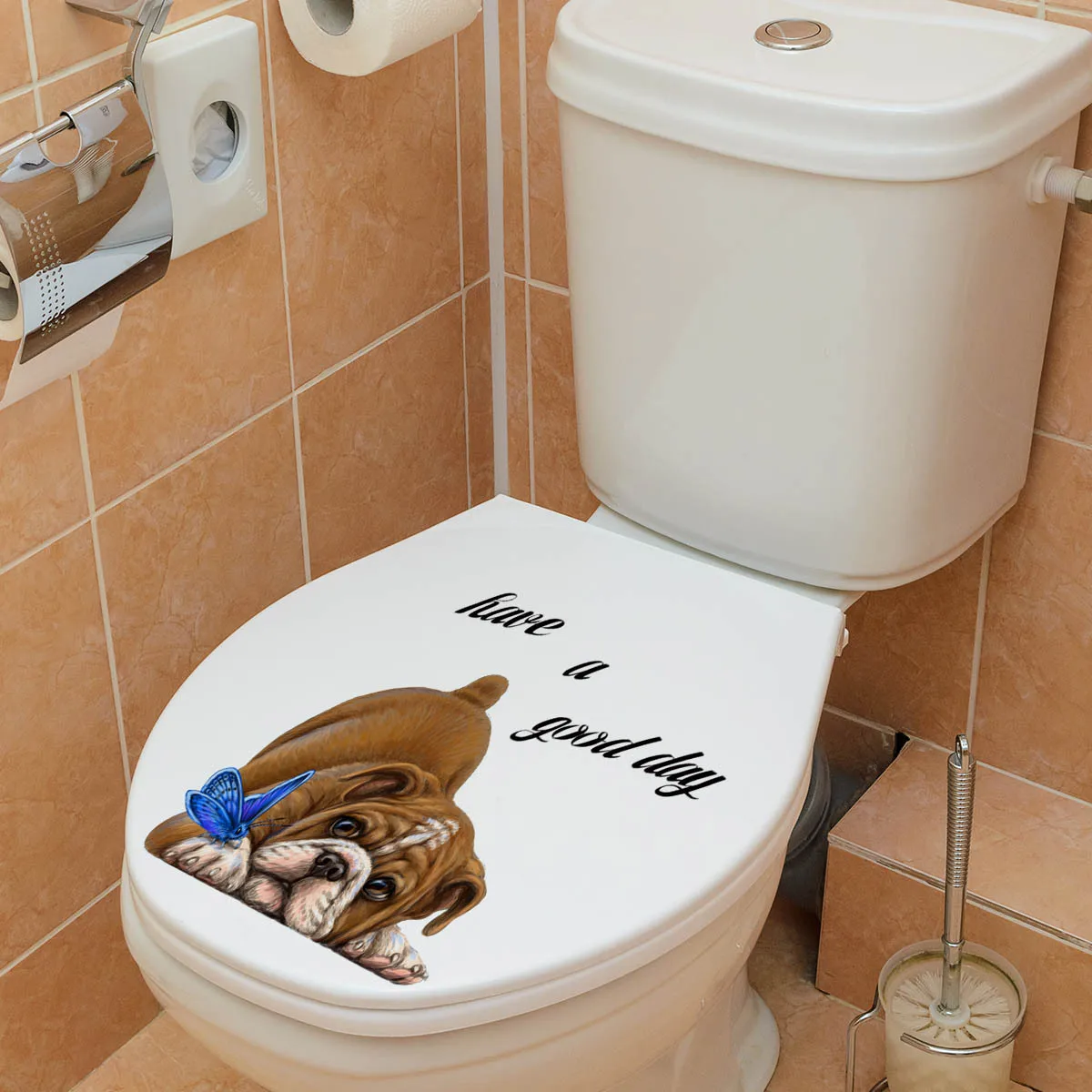 Bulldog Butterfly Toilet Sticker Have A Good Day Wall Stickers Restroom Decorative Butterfly Dog Toilet Stickers Self-adhesive