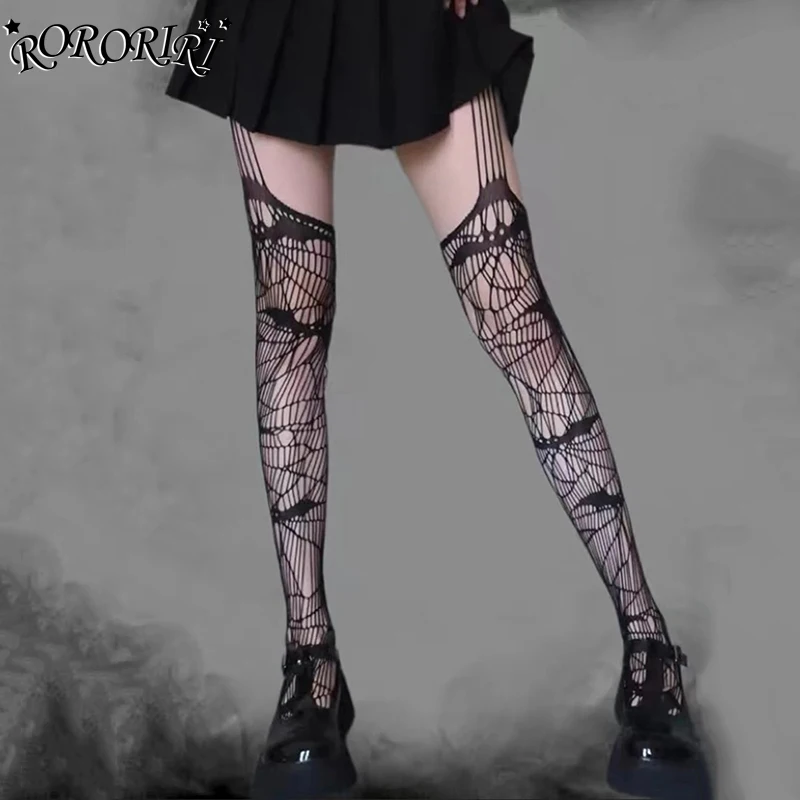 RORORIRI Bat Pattern Fishnet Tights Women Stockings Dark Punk Gothic Black Solid Hollow Suspender Pantyhose Halloween Costumes