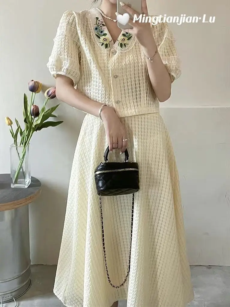 2023 Summer French Style Women Sets Shirt Middle Dress Turn-down Collar Embroidery High Waist Fashion New Design Pretty