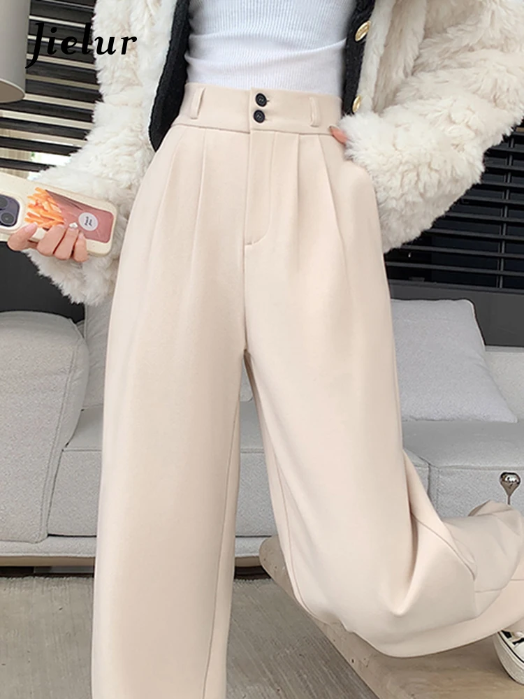 Jielur Winter Thick Straight Loose Female Wide Leg Pants Solid Color Casual Double Buttons Simple Fashion Women\'s Pants Apricot