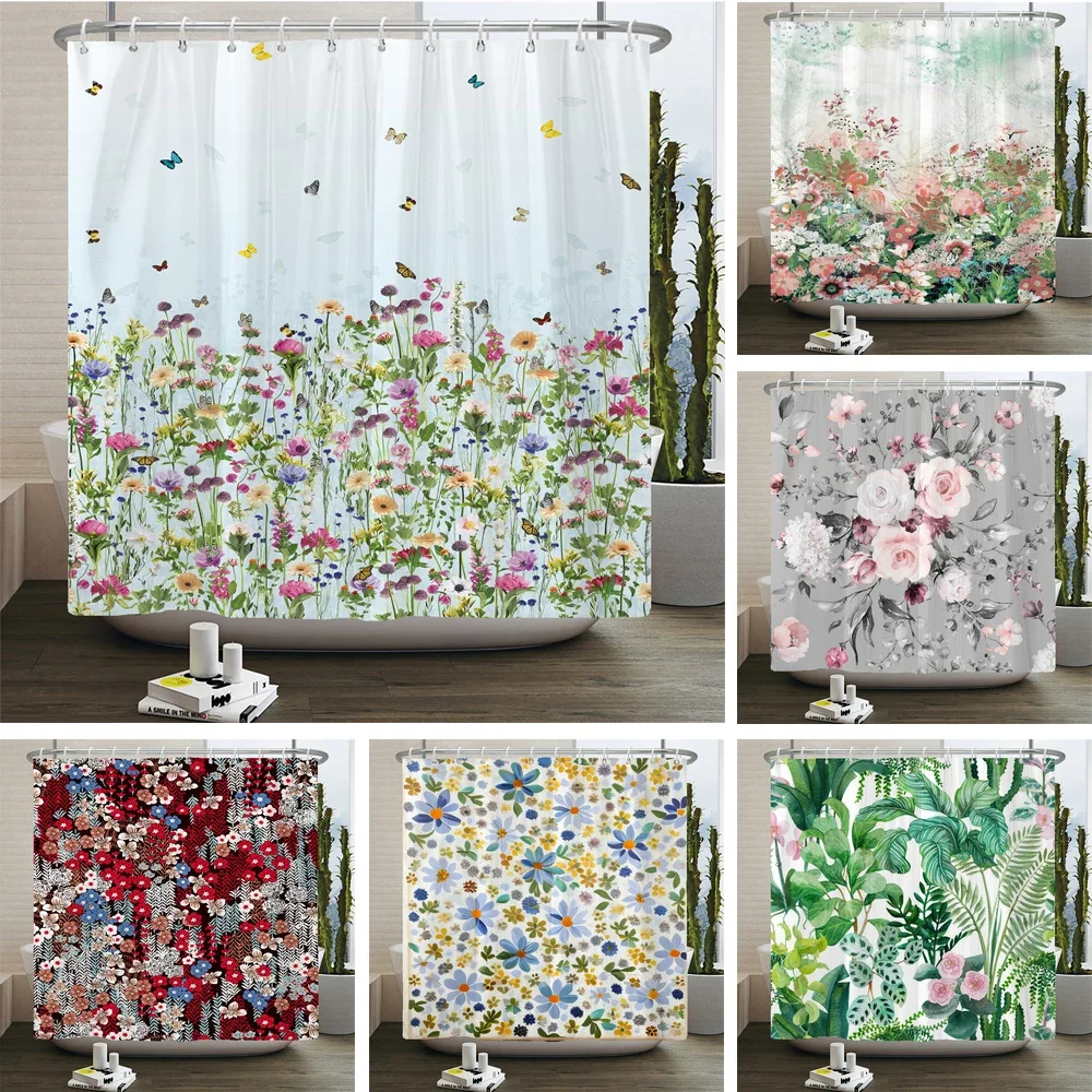 Elegant Flowers Shower Curtain 180x180cm Floral Shower Curtain Polyester Bath Curtain Bathroom Decor Machine Washable With Hooks