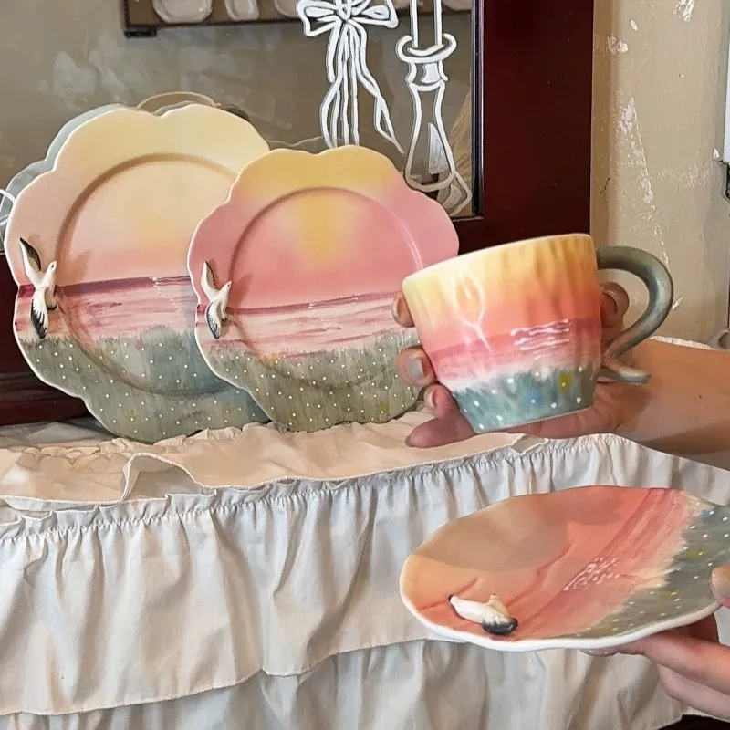 Hand Painted porcelain Mug Saucer Set Sunset Lake 3D Swan Decor Vine Handle Artistic Coffee Cup for Home Afternoon Tea Cups Gift