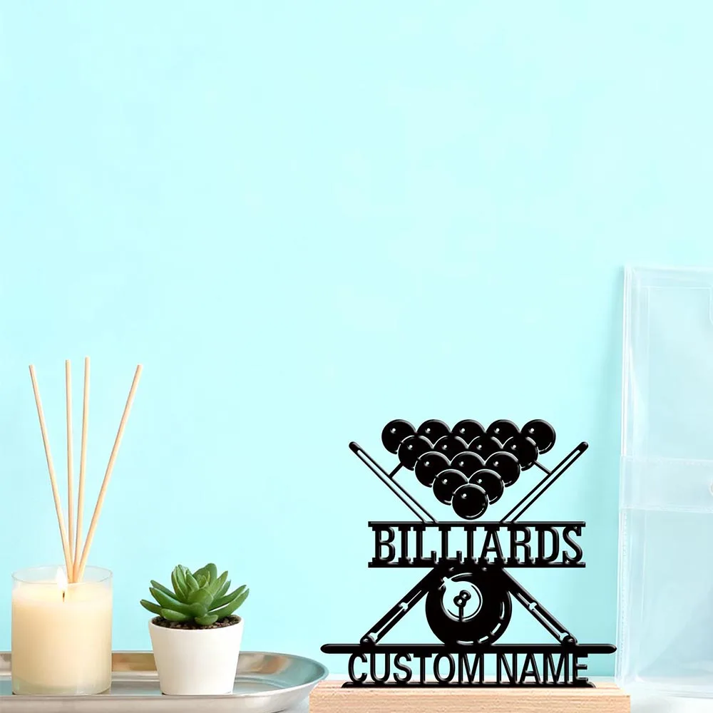 1pc Creative BILLIARDS Custom Name Metal Statue Tin Ornament Metal Sculpture With Wood Base Art Crafts With Wood Base For Kids