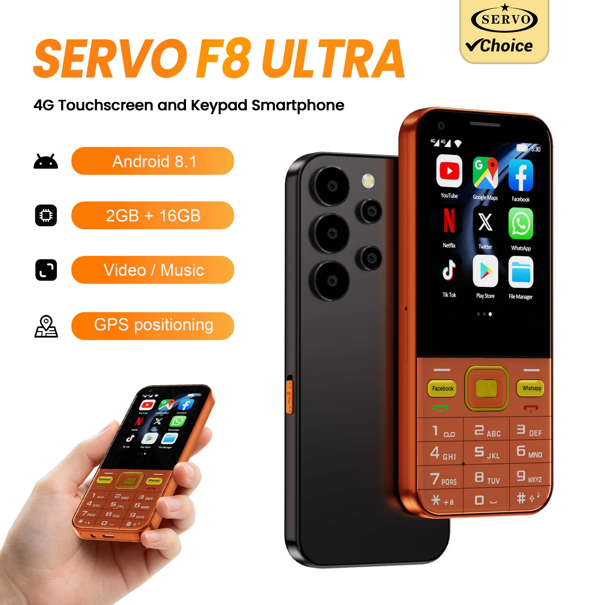 SERVO F8 Ultra 4G Keypad Smartphone Android 8.1 Dual SIM WiFi Hotspot Bluetooth GPS Play Store Torch 2.8