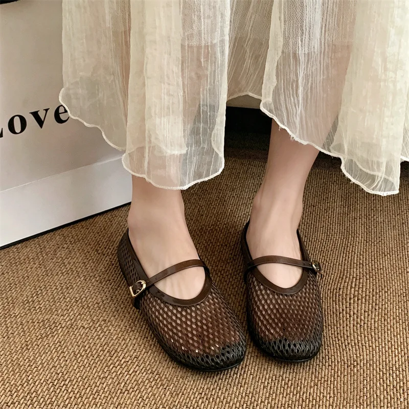 Korean One Strap Hollow Mary Jane Slide Sandals French Sweet Ins Woven Fishnet Women Flats Outdoor Waterproof Clogs