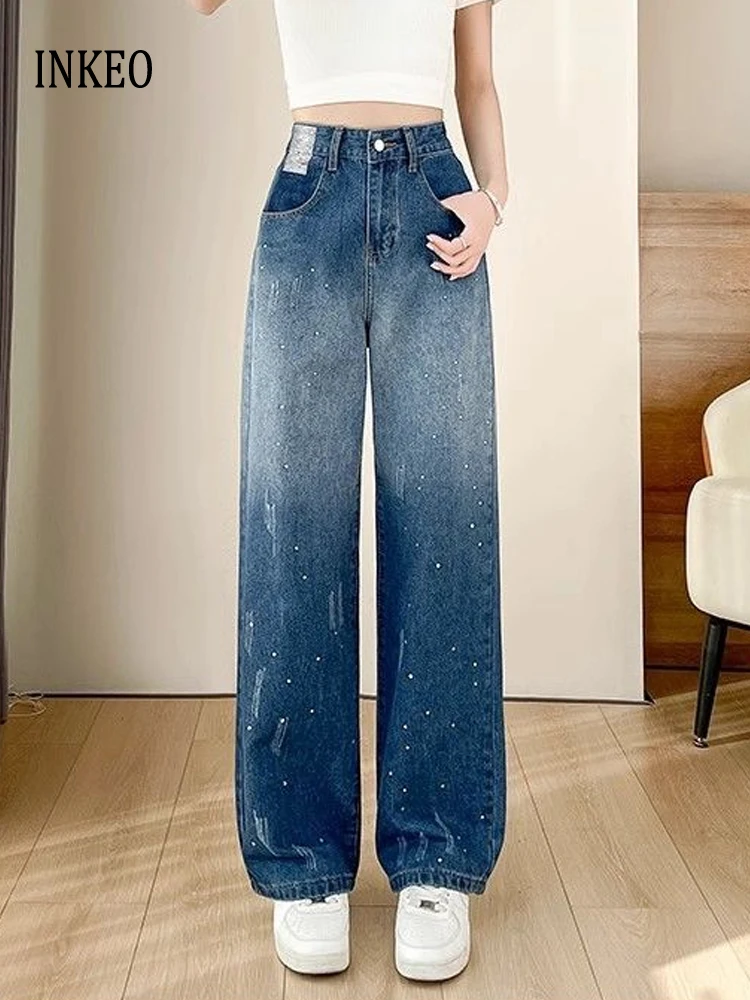 

2025 new women's Rhinestone Denim wide leg pants loose Casual High waist gradient Color jeans trousers for lady INKEO 5B010