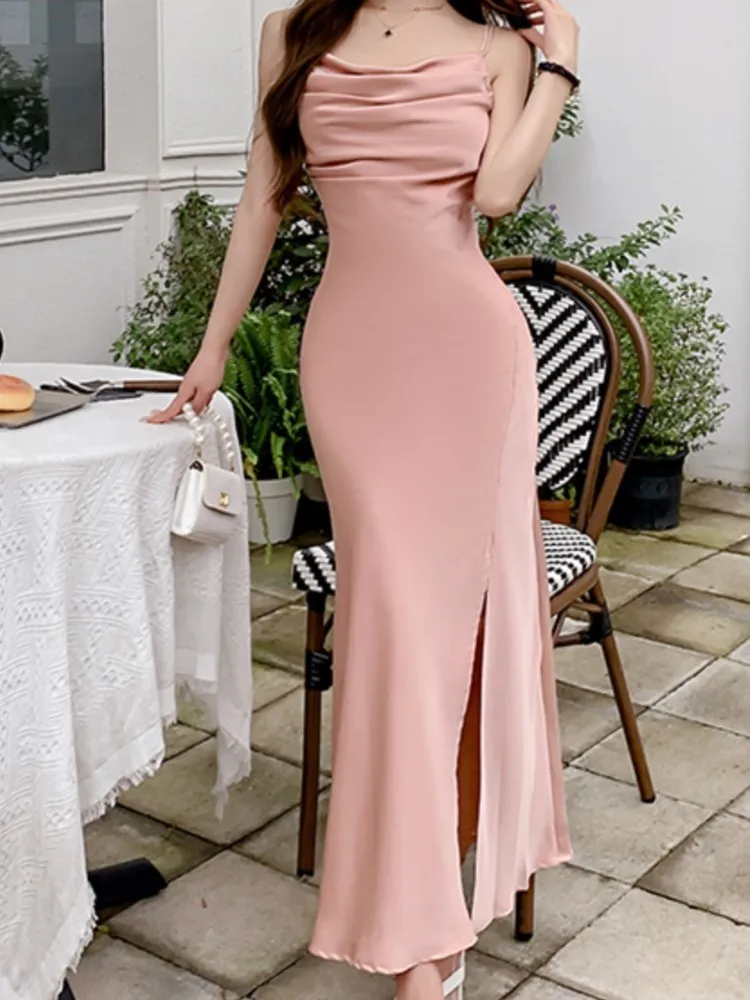 Women Elegant Satin Spaghetti Strap Sexy Dresses Summer Fashion Sleeveless Slim Slit Midi Dress Female Party Prom Vestidos Mujer