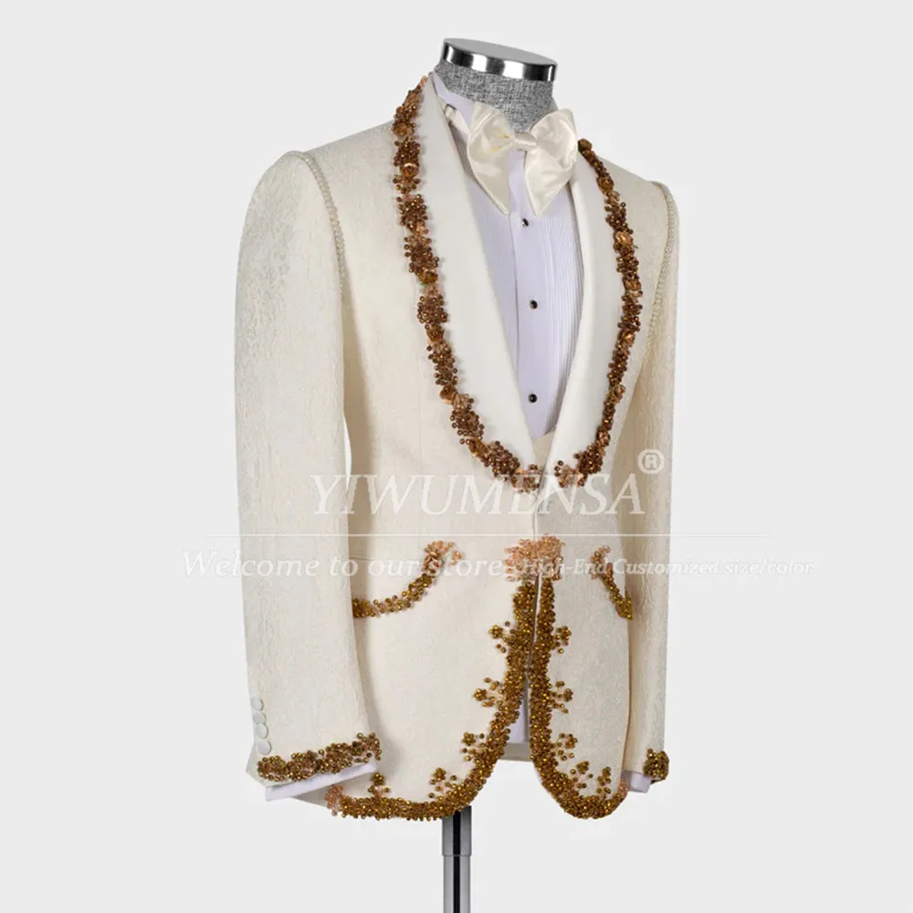 

Бежевые жаккардовые костюмы для мужчин на свадьбу, комплект из 2 предметов, блейзеры для выпускного вечера с жемчугом и бисером, индивидуальные смокинги для жениха, формальный банкет, вечеринка 2026