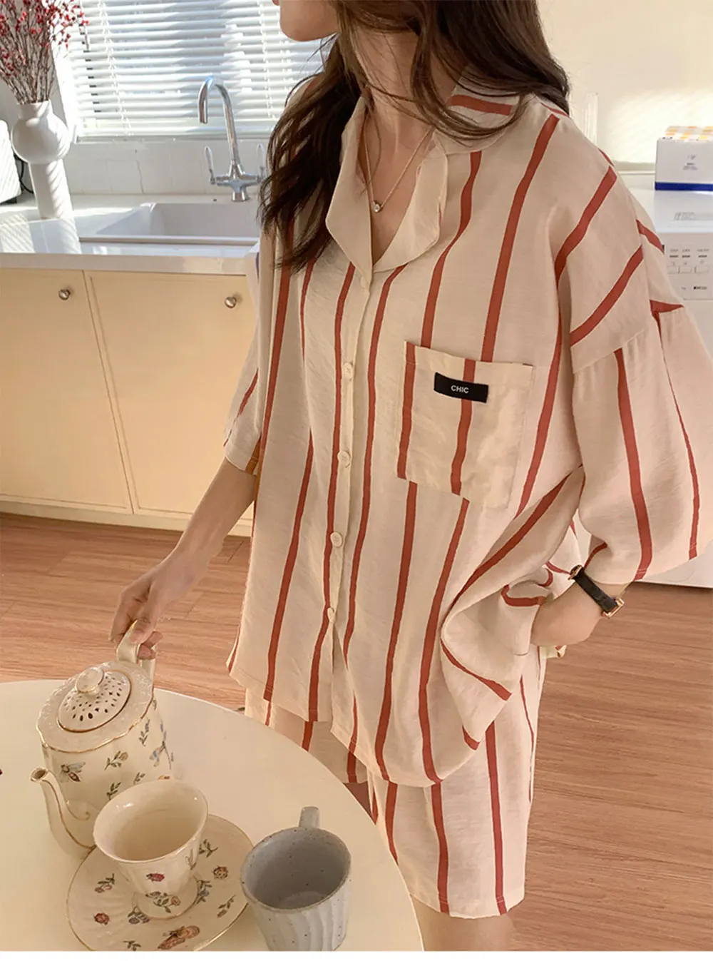 Summer Pajamas Stripe Short Sleeved Sleepwear Women\'s Pajamas Set Casual Homewear Cute Pajama Nightwear