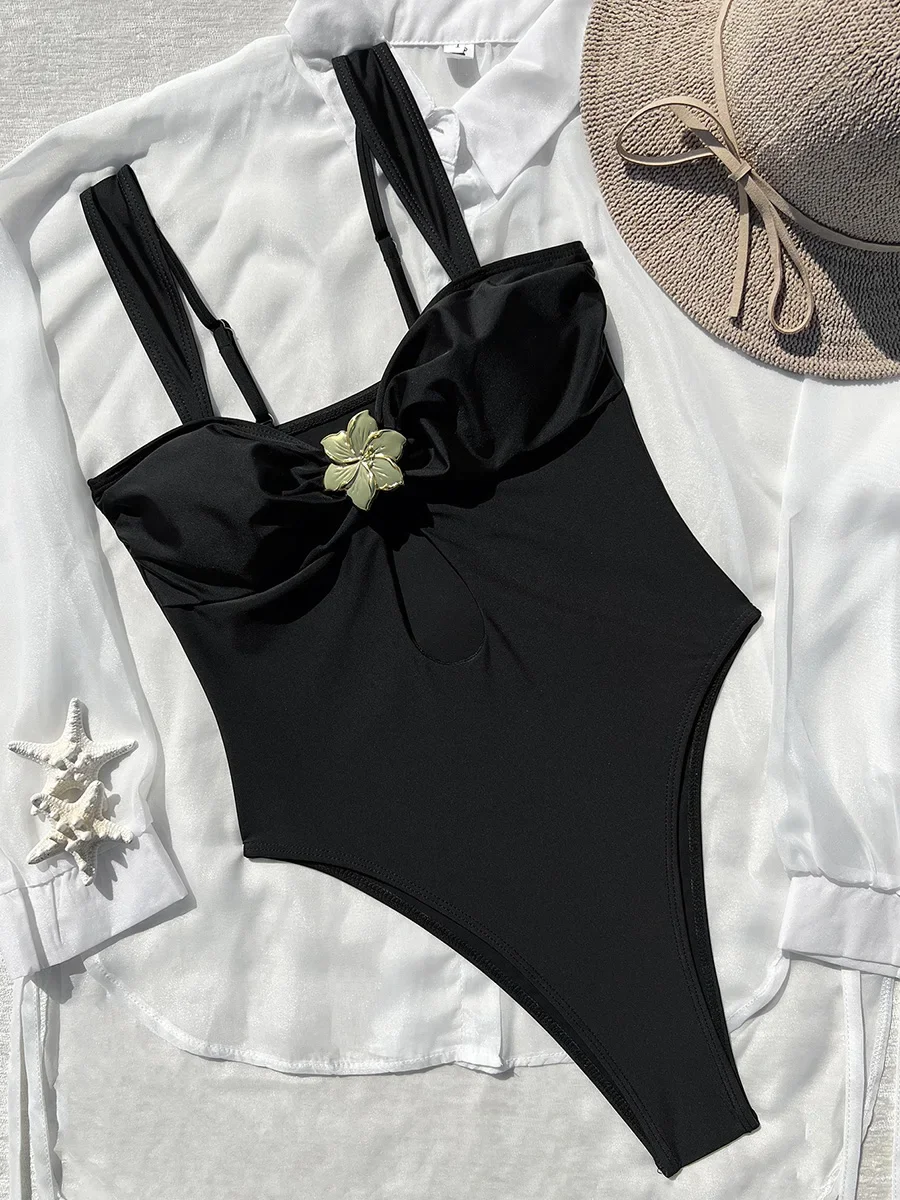 

2026 Metal Flower Hollow Out One Piece Swimsuit Women Swimwear Female High Leg Cut Monokini Padded Bather Bathing Suit Swim Lady