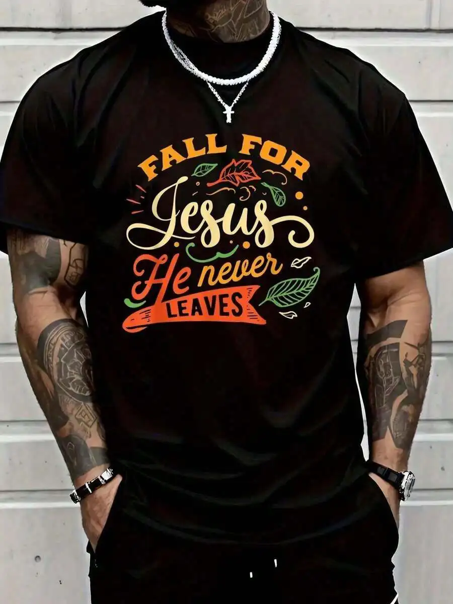 

Fall For Jesus He Never Leaves Christian Faith Graphic Tee Men Autumn Colors