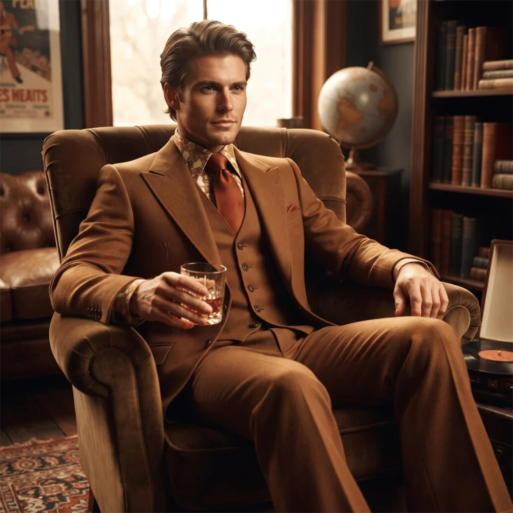 Mens Formal Look - Vintage Erkek Kahverengi 3 Parçalı Takım