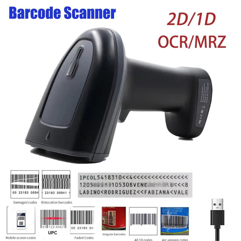 To 2D/1D OCR Barcode Scanner Handheld Portable Wired/Wireless Bluetooth With Base MRZ PDF417 Data Matrix for Passport Identity