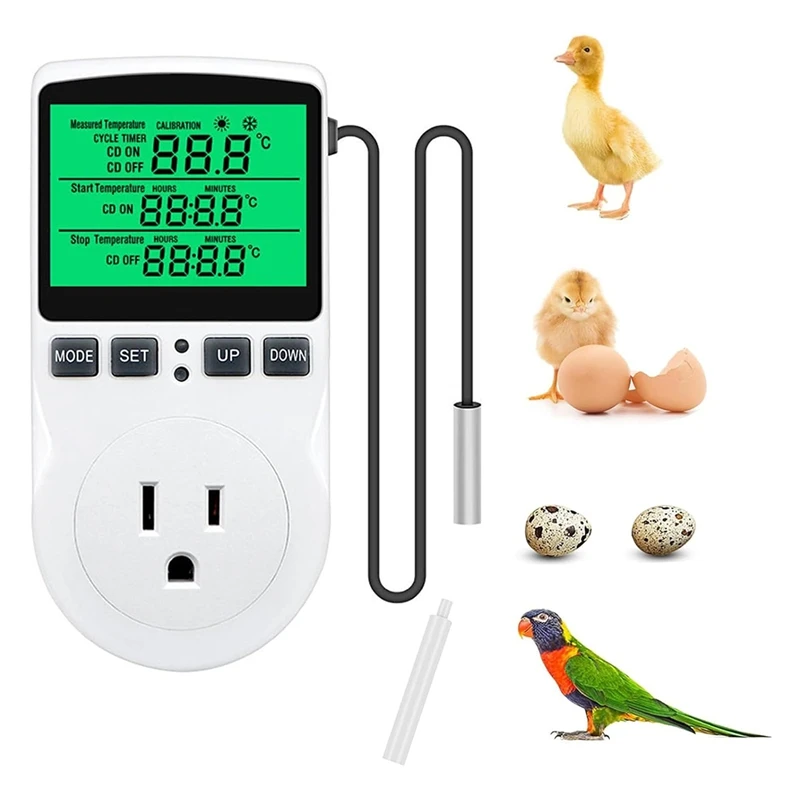 

Digital Temperature Controller, Backlit LCD Screen Thermostat Heating Cooling Outlet Plug For Reptile Incubator US Plug