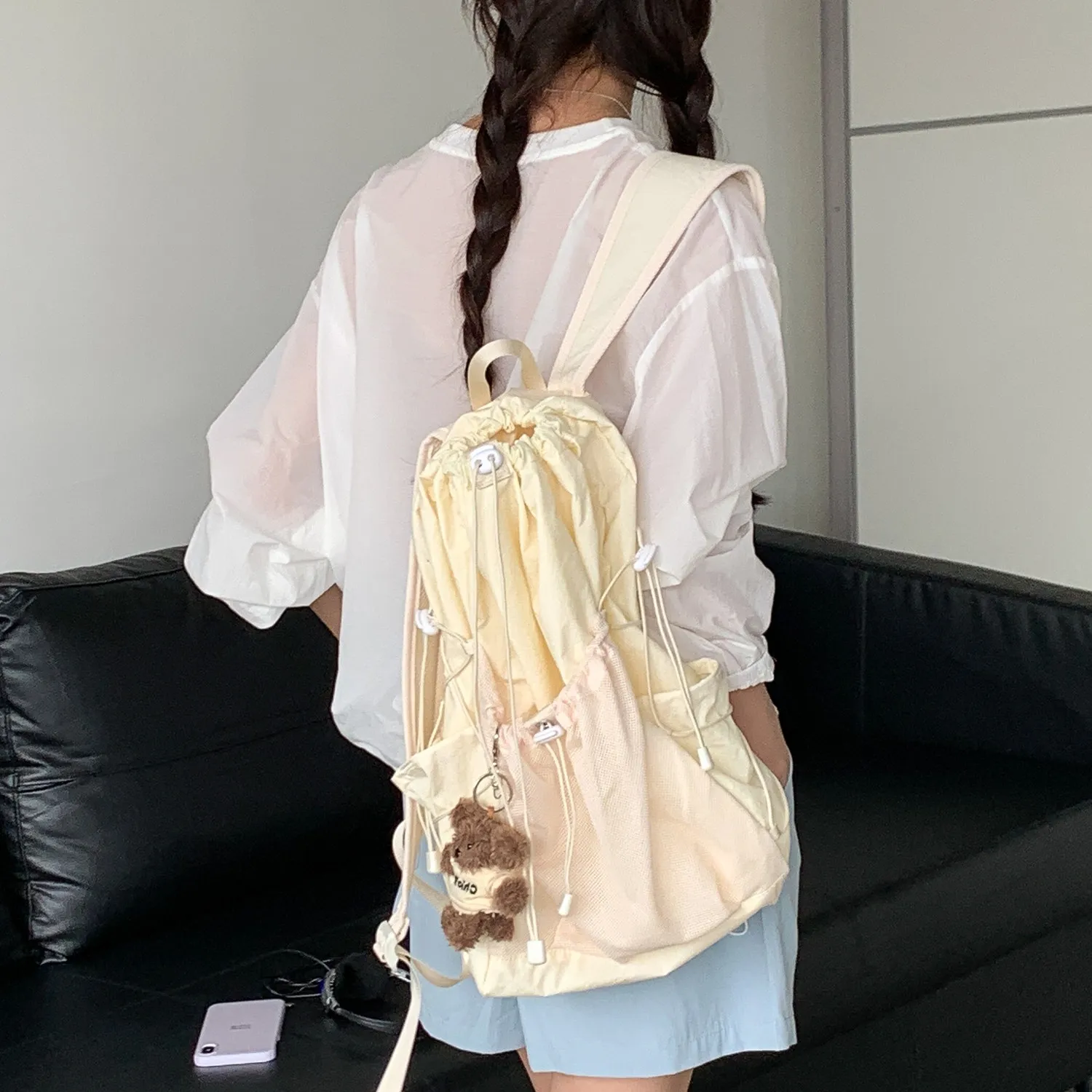 Korean Style Outdoor Travel Large Capacity Nylon Drawstring Tennis Backpack Unisex Casual Versatile Shoulder Bag