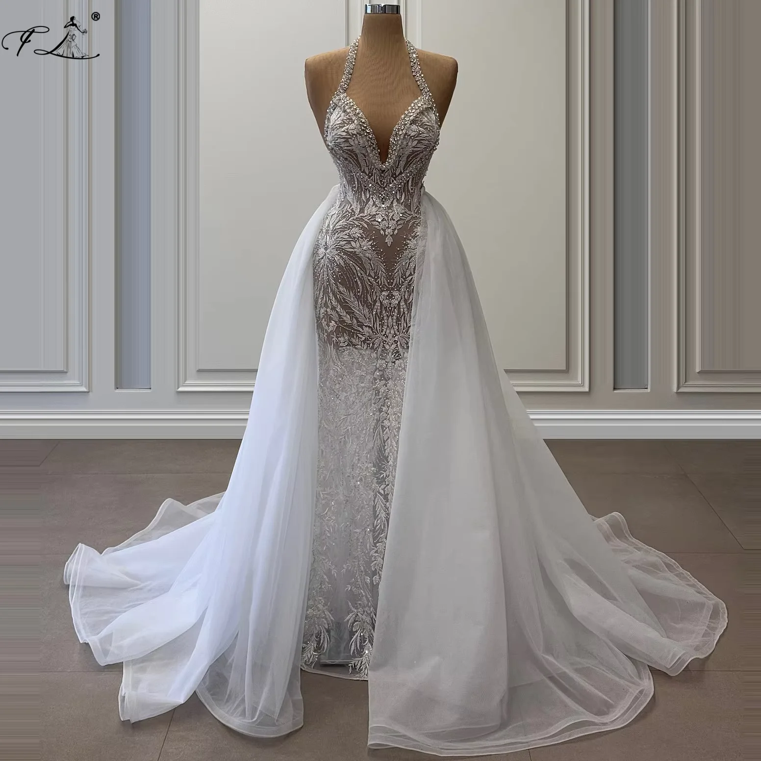 

Вечернее платье с прозрачным шлейфом и стразами, бретелькой на шее, жемчугом и блестками, вышивкой, платье «рыбий хвост», свадебное платье, элегантные вечерние платья