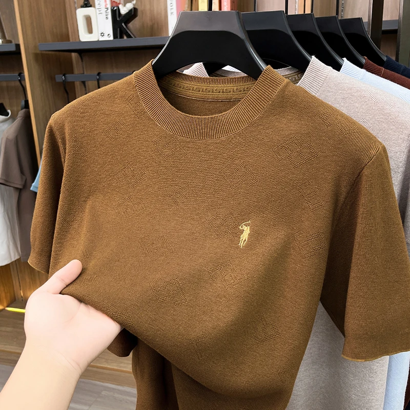 High-end Men's Crew Neck Knitted Sweater Casual Embroidered Trendy Base Shirt Short-sleeve T-shirt Solid Color Top for Summer
