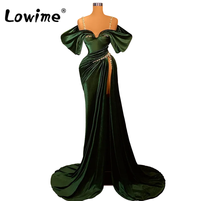 Vestidos de Noche largos y elegantes de terciopelo, color verde oscuro, talla grande, sirena árabe, Dubái, tirantes finos, para fiesta de graduación, 2022