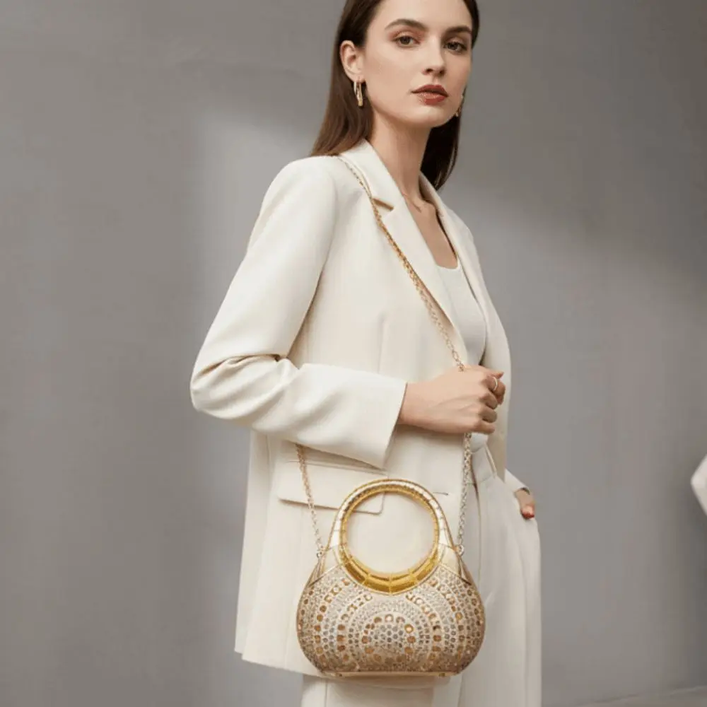 

Crystal Embellished Crescent Evening Clutch High-shine Finish Detachable Chain Rhinestone Box Purse Geometric Pattern