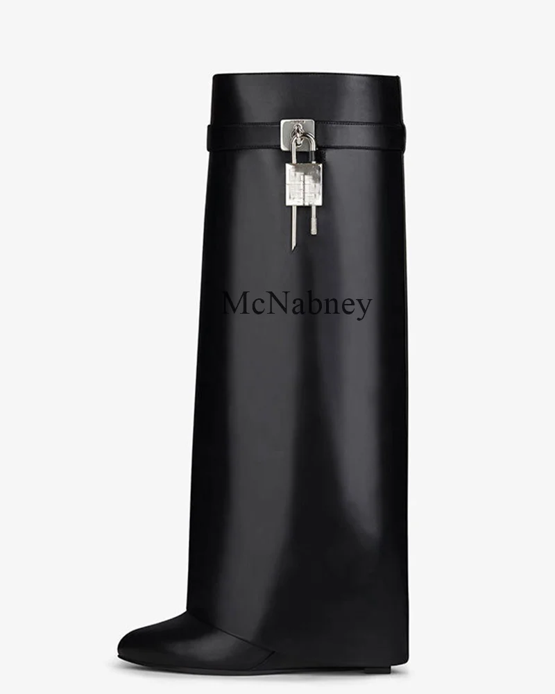 Knee High Round Toe Metal Lock Buckle Women Boots Sexy Style Wedges High Heels Slip On Design Fashionable And Versatile Shoes