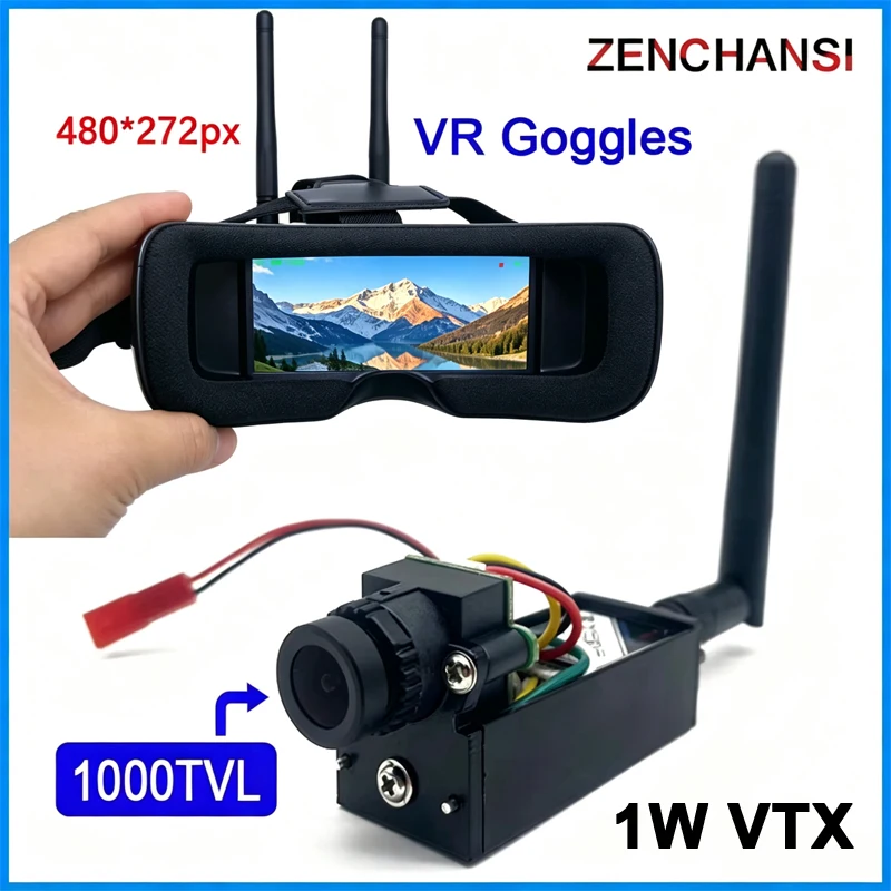Ready to use 5.8G 48CH FPV VR Goggles Monitor 480p with 1000mW VTX Transmitter and CMOS 1000TVL FPV Camera for RC Playing Part