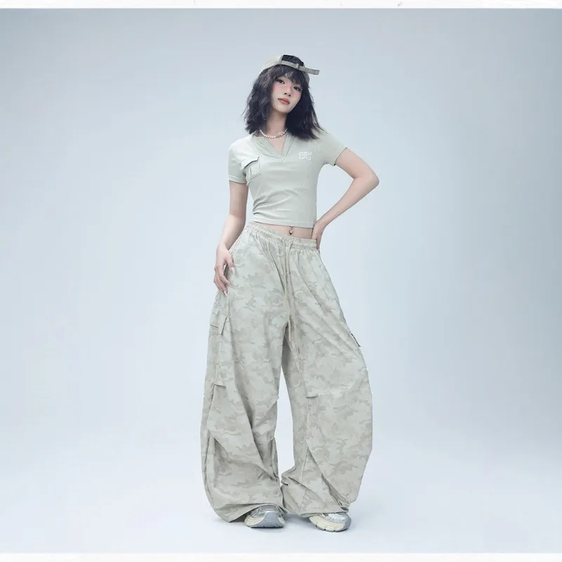 Women's Street Dance Camouflage Wide Leg Pants 2026 New American Hip Hop High Street Jazz Dance Cargo Pants Joggers Sweatpants