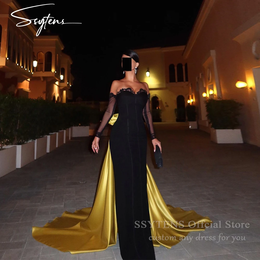 Ssytens preto vestidos de noite sereia querida longo vestidos de baile mulher trem ouro árabe saudita gala vestidos de baile 2025 personalizado