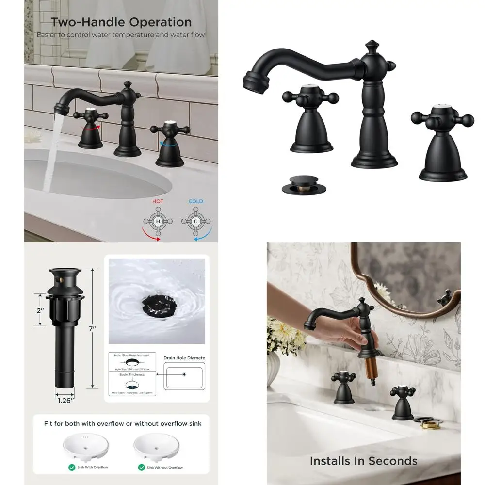 

Vintage 8 Widespread Matte Black Brass Bathroom Faucet with 2 Cross Handles, Pop-Up Drain, and Supply Hoses for RV Vanity