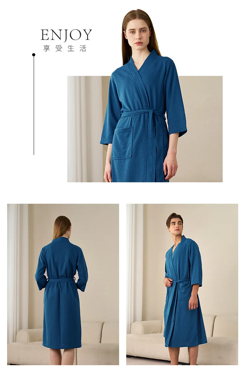 Herren Waffelstrick-Bademantel, Leichter Weicher Spa-Bademantel mit Taschen & Gürtel, Atmungsaktiver Saugfähiger Waffel-Kimono, Schlafbekleidung für Zuhause – Detail 16