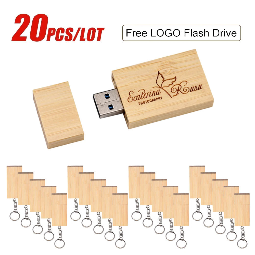 

Free Custom LOGO 20PCS/LOT USB 2.0 Flash Drives 128GB 64GB Wooden Pen Drive with box 32GB 16GB Memory Stick Business gift U disk